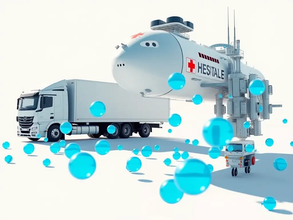 An image of a truck, hospital ship, space station connected by blue H₂ molecules, symbolizing the versatility and wide range of applications of the Hydrogien system.