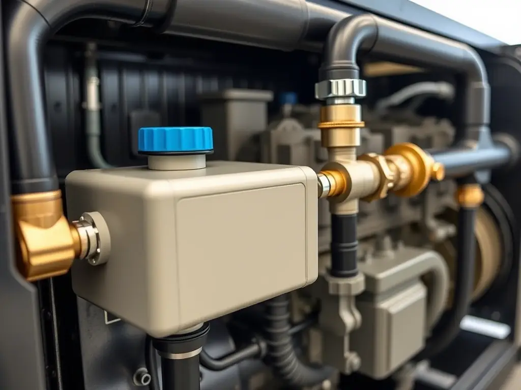 A detailed close-up shot of the HydroGien system installed on a diesel generator, highlighting the key components and their integration. The image should convey a sense of technological advancement and reliability.