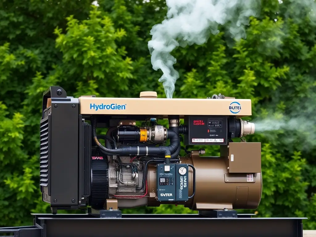 A high-resolution photograph showcasing a diesel generator equipped with the HydroGien system, with a focus on the clean exhaust fumes exiting the generator. The background should feature a green, natural environment to emphasize the eco-friendly aspect.