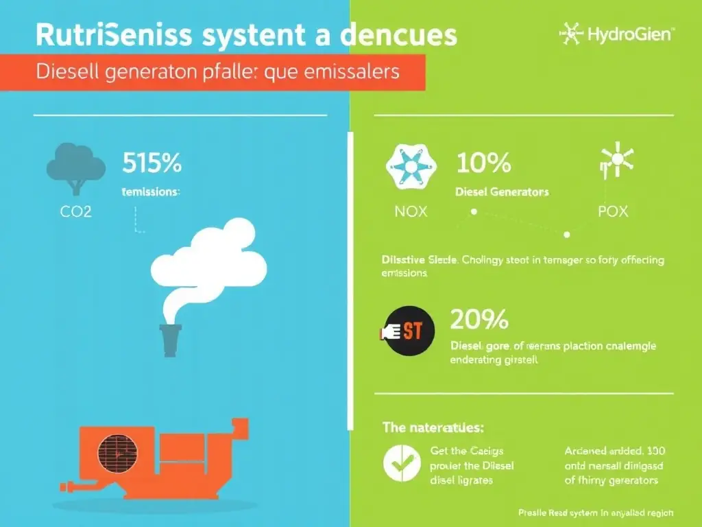 An infographic illustrating the reduction in emissions (CO2, NOx, PM) achieved by using the HydroGien system with diesel generators. The infographic should use clear and concise visuals to present the data effectively.