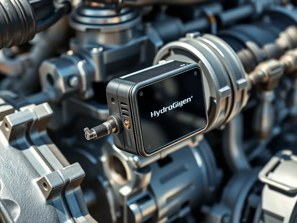 A close-up shot of a diesel engine with a Hydrogien device attached, showcasing the compact size and seamless integration of the system.