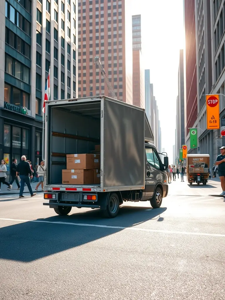 A fleet of delivery trucks in an urban setting, with one truck clearly displaying a 'Hydrogen Powered' logo. The image should suggest efficiency and eco-friendliness in city logistics.