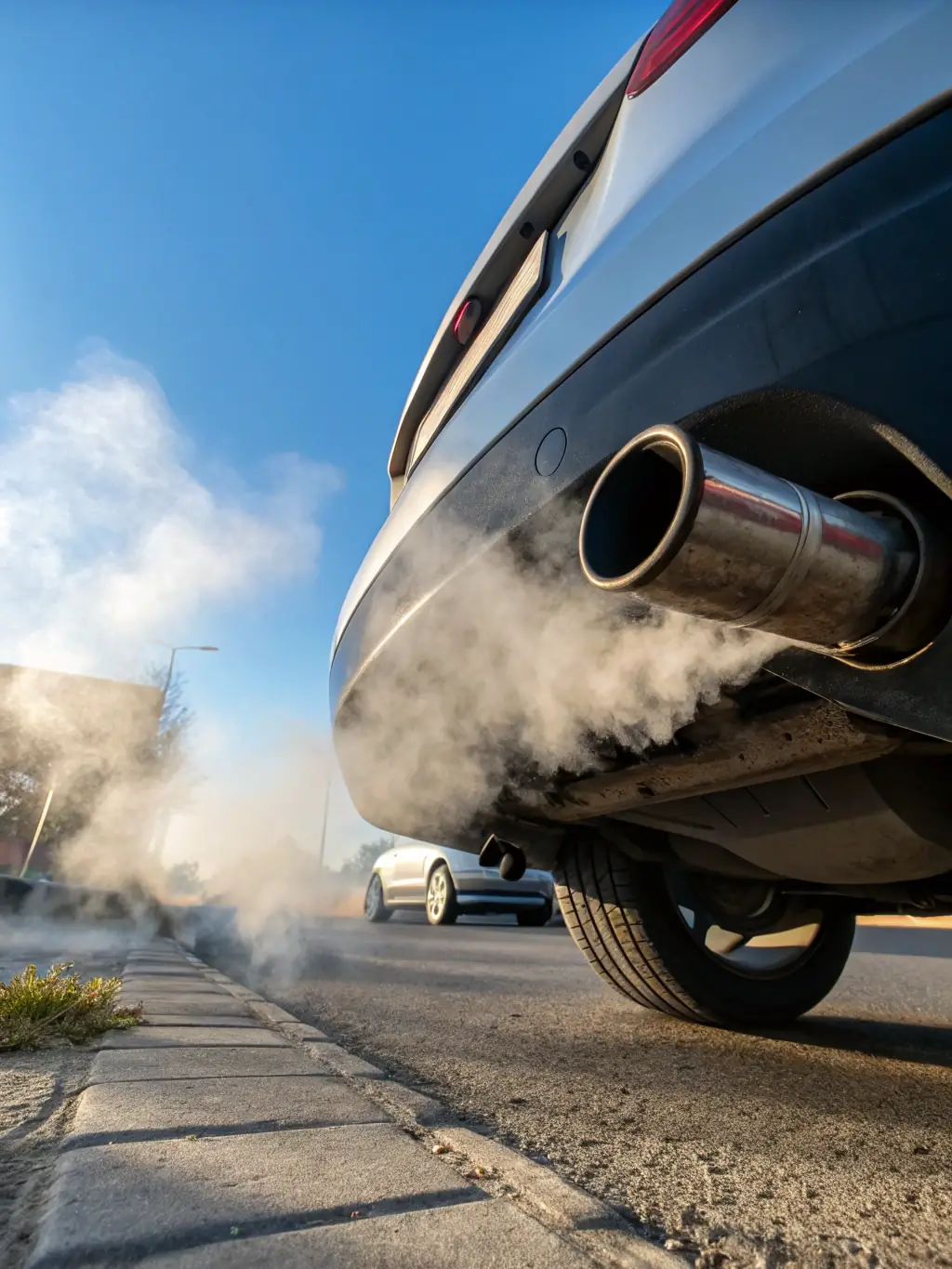 An image of exhaust fumes being visibly cleaner, with a superimposed graph showing a significant reduction in emissions levels.