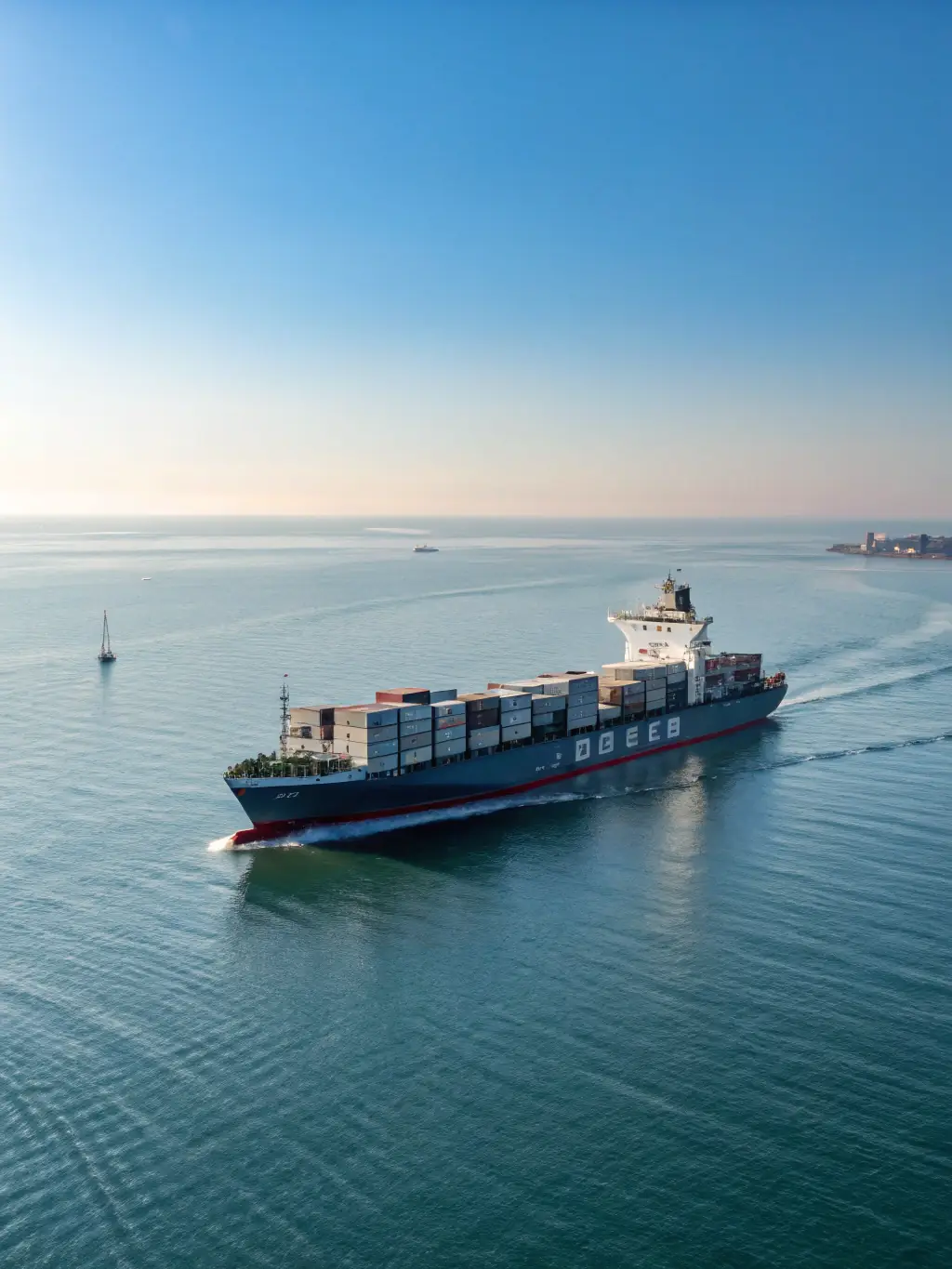 A modern cargo ship sailing on the ocean, with subtle visual cues indicating it's partially powered by hydrogen. The image should evoke reliability and sustainability.