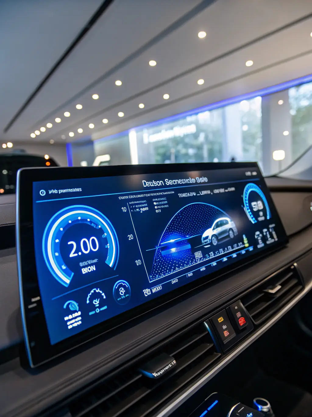 A futuristic interface displaying real-time data on hydrogen production, fuel savings, and emissions reduction, showcasing the system's smart control capabilities.
