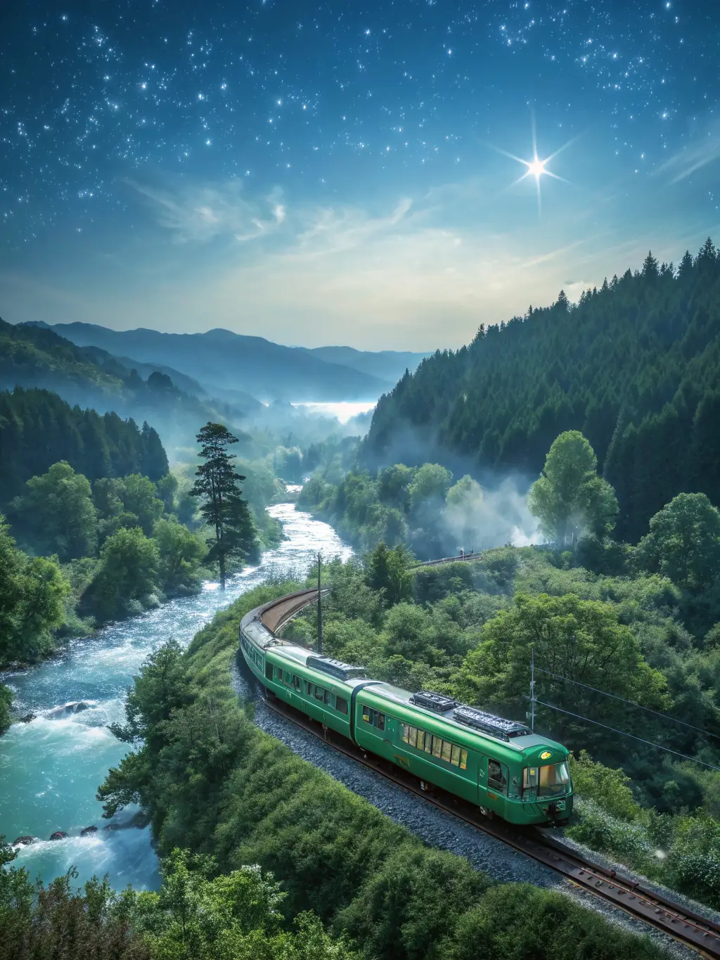 A high-speed train powered by hydrogen fuel cells, showcasing sustainable rail transport. The image should convey speed, efficiency, and environmental friendliness.