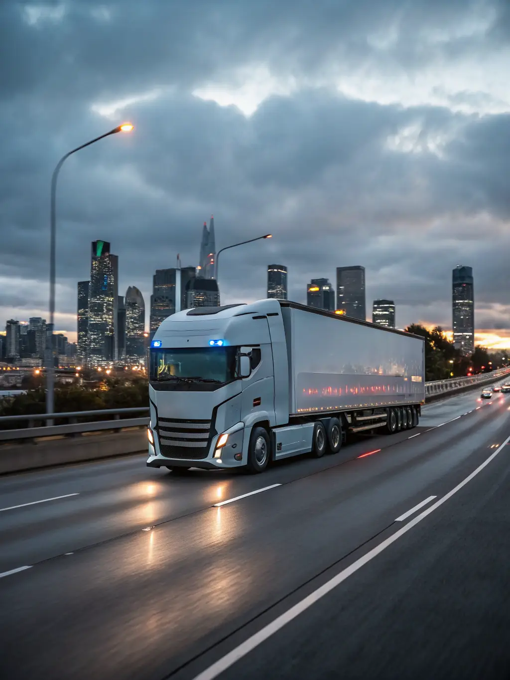 A long-haul semi-truck on a highway, with a subtle visual effect indicating hydrogen power. The image should convey long-distance capability and reduced environmental impact.