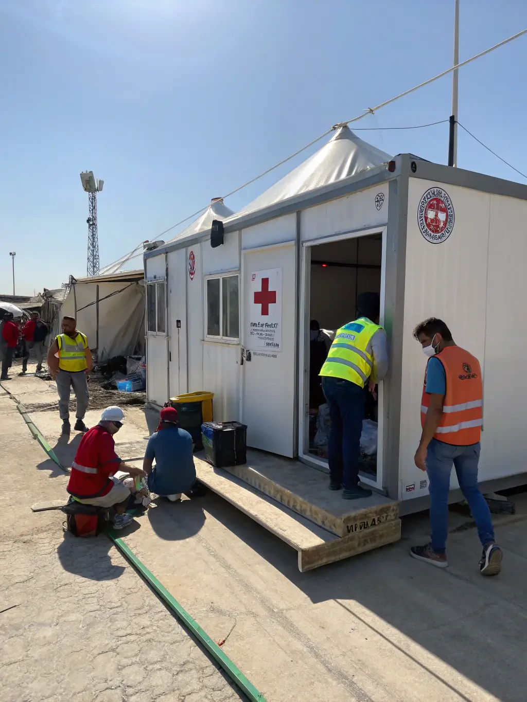 A disaster relief scenario with emergency responders using Hydrogien's portable cartridges to power essential equipment and provide electricity to affected communities.