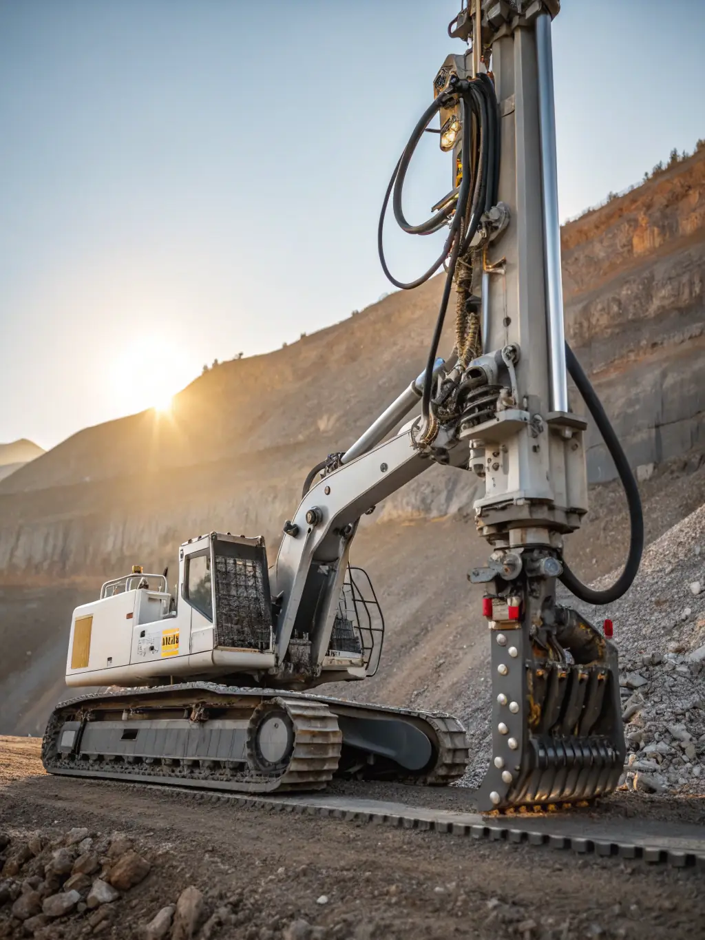 A rugged mining site with heavy machinery and equipment, powered by Hydrogien's portable cartridges, enabling efficient and sustainable operations in remote locations.